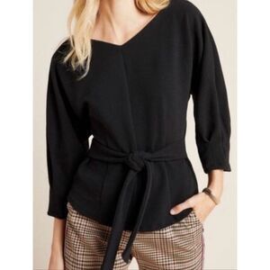 Anthropologie Black Ribbed V-neck Top Dolman Sleeves Front Tie Detail